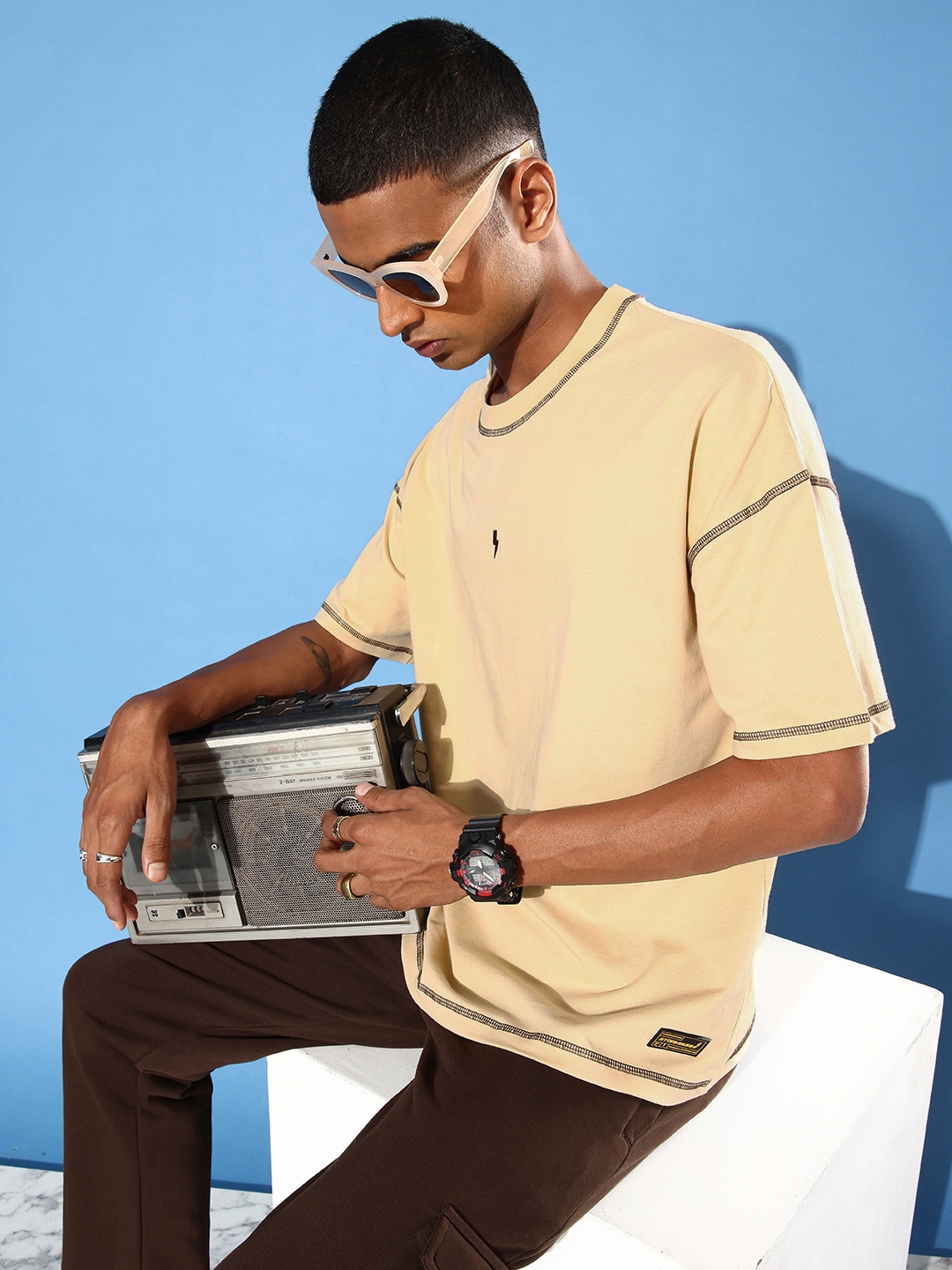 Stormborn Men Drop-Shoulder Sleeves Appliqued Oversized Pure Cotton T-shirt, Beige