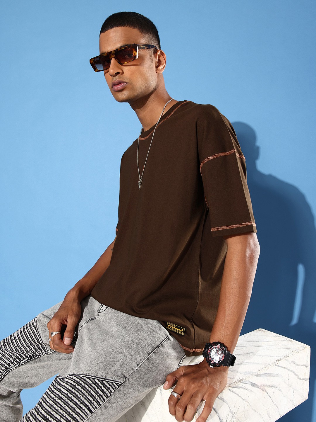 

Stormborn Men Drop-Shoulder Sleeves Oversized Pure Cotton T-shirt, Brown
