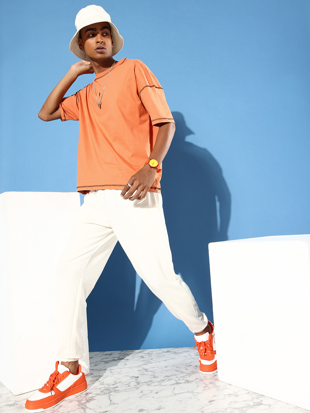 

Stormborn Men Drop-Shoulder Sleeves Oversized Pure Cotton T-shirt, Orange