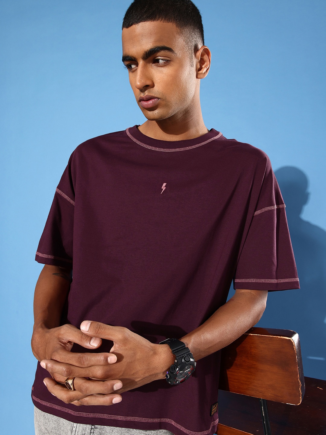 Stormborn Men Drop-Shoulder Sleeves Oversized Pure Cotton T-shirt, Burgundy