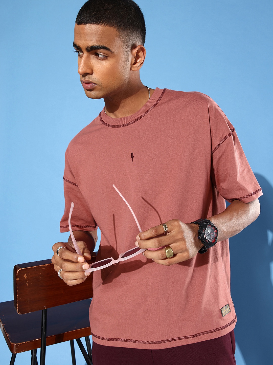 

Stormborn Men Drop-Shoulder Sleeves Oversized Pure Cotton T-shirt, Pink