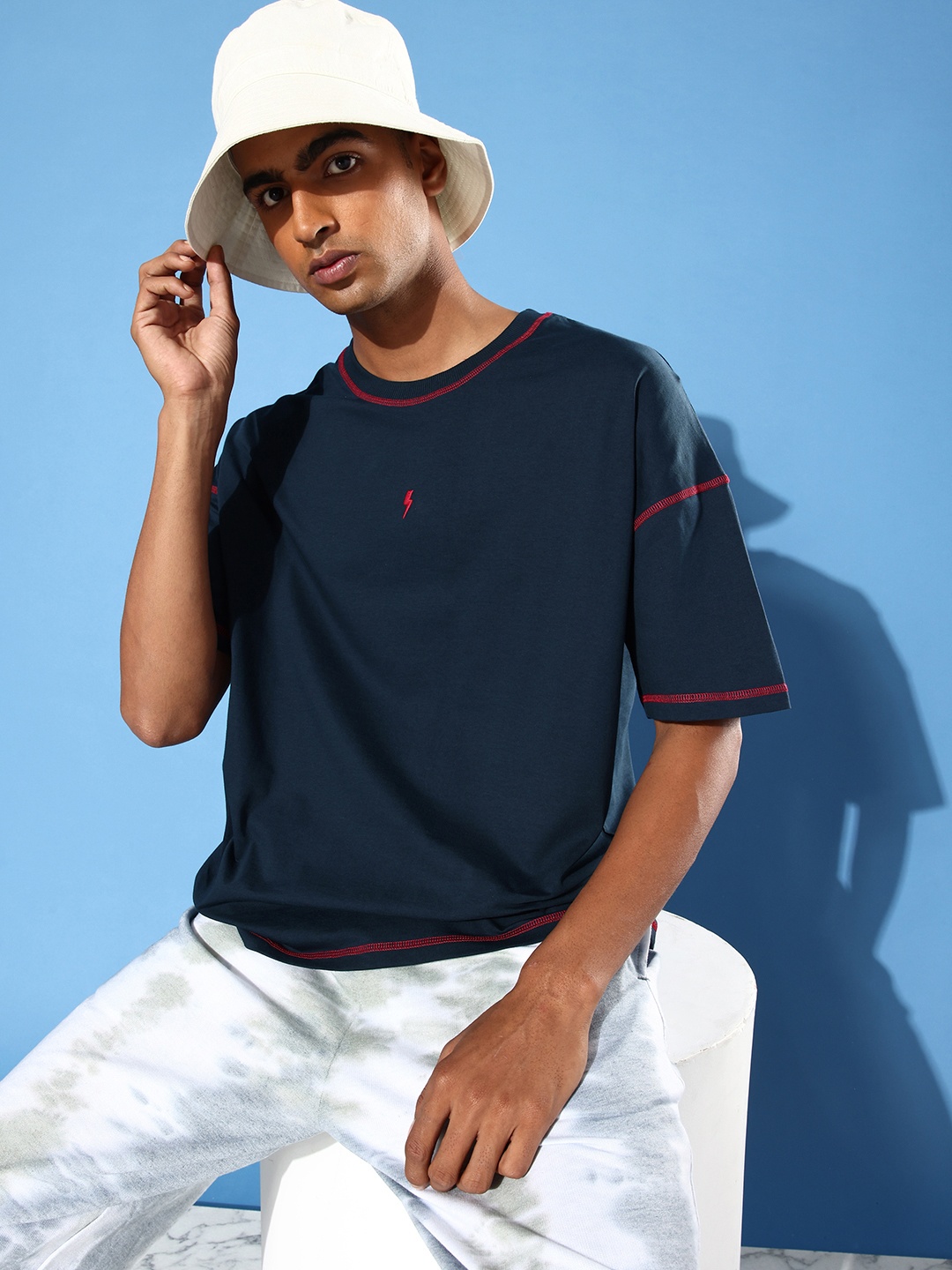 Stormborn Men Drop-Shoulder Sleeves Oversized Pure Cotton T-shirt, Navy blue
