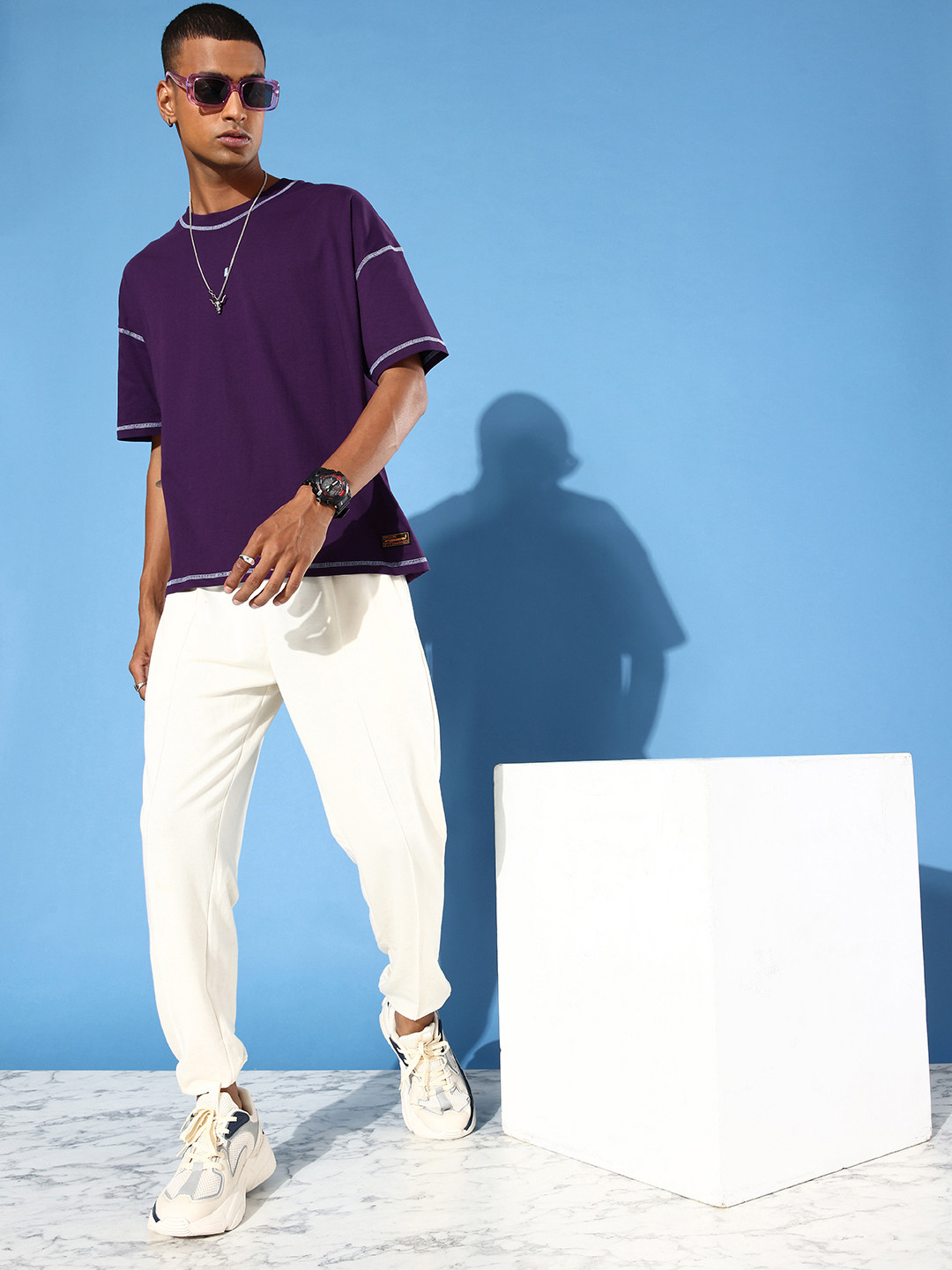 

Stormborn Men Drop-Shoulder Sleeves Oversized Pure Cotton T-shirt, Purple