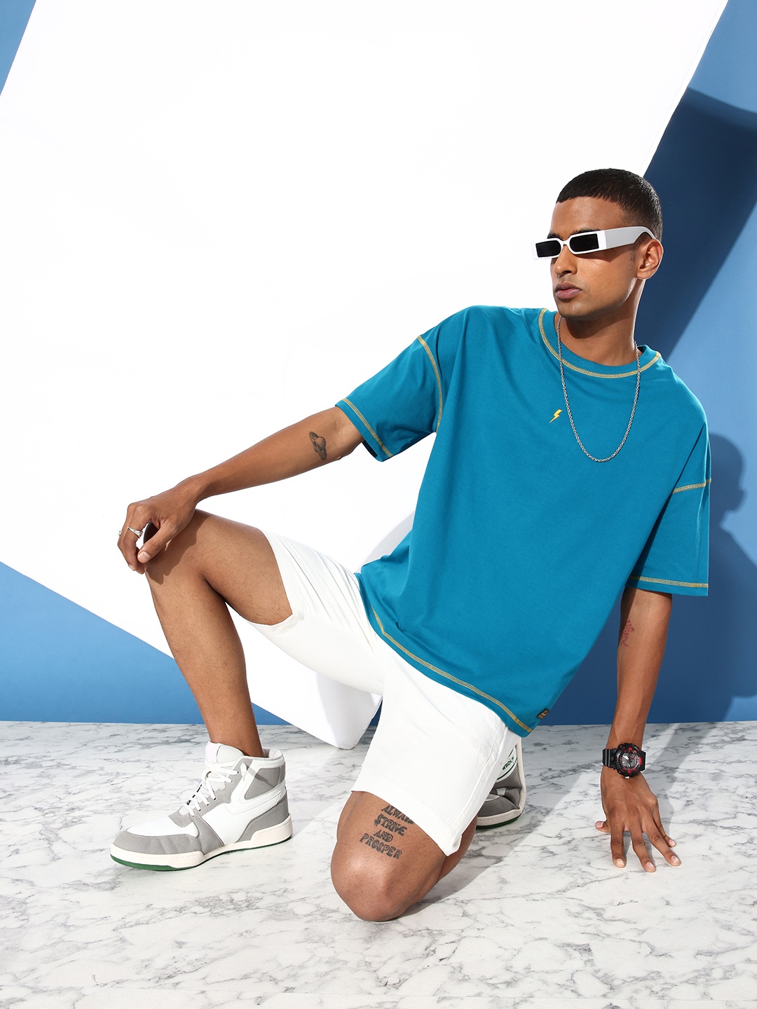 

Stormborn Men Drop-Shoulder Sleeves Oversized Pure Cotton T-shirt, Blue