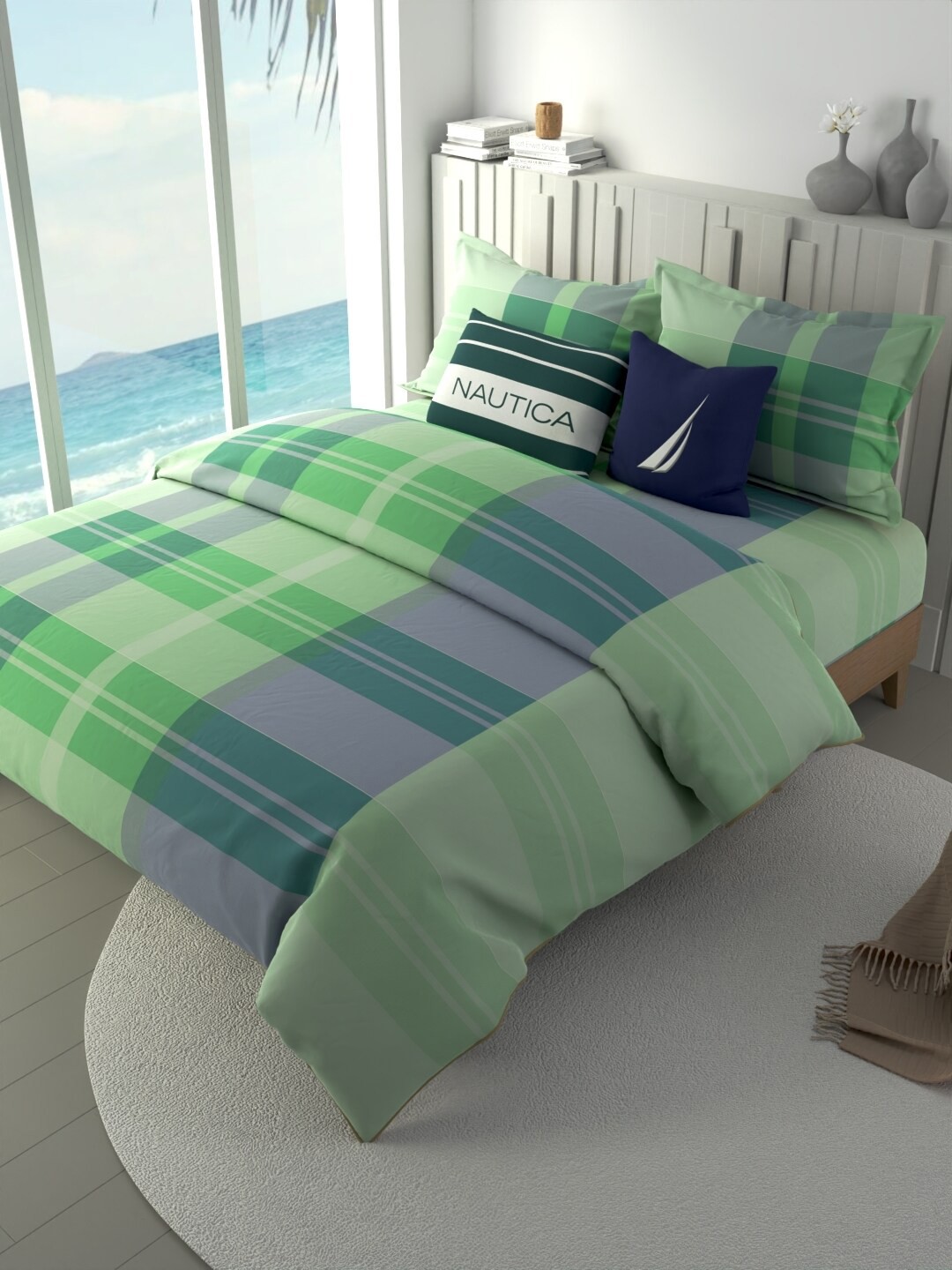 

Nautica Green & Blue 4 Pieces Checked Pure Cotton Double King Bedding Set