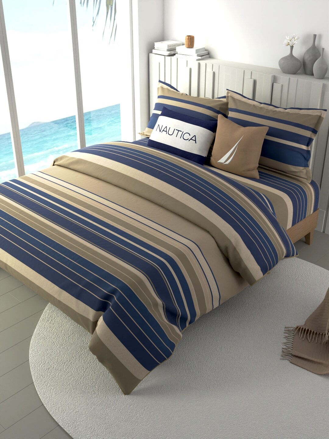 

Nautica Blue & Brown 4 Pieces Striped Pure Cotton Double King Bedding Set