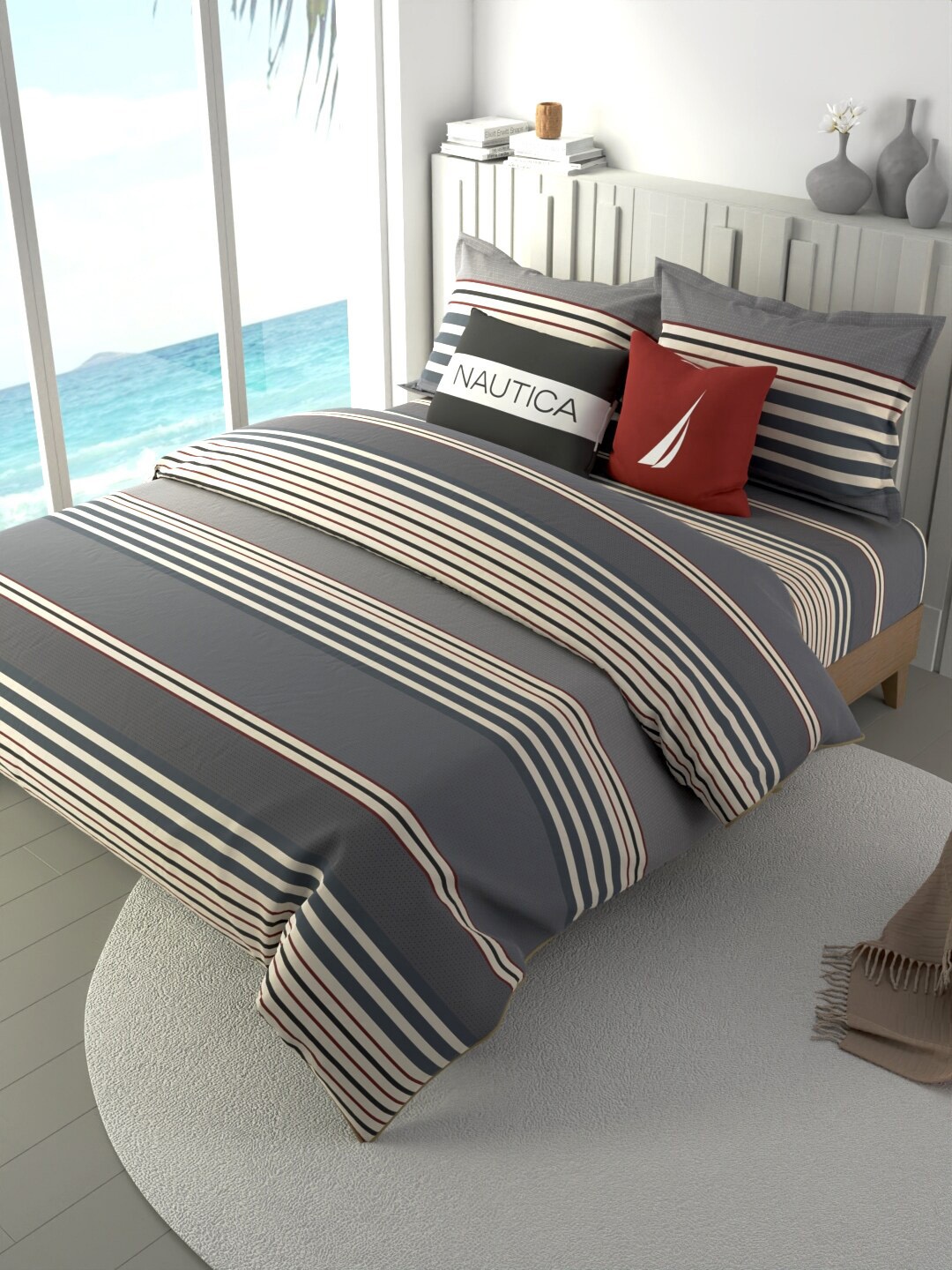 

Nautica Grey & Maroon 4 Pieces Pure Cotton Double King Bedding Set