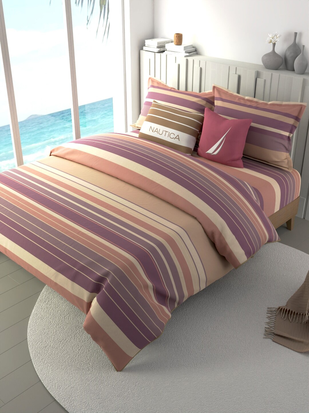 

Nautica Beige & Pink Striped Pure Cotton Double King Bedding Set