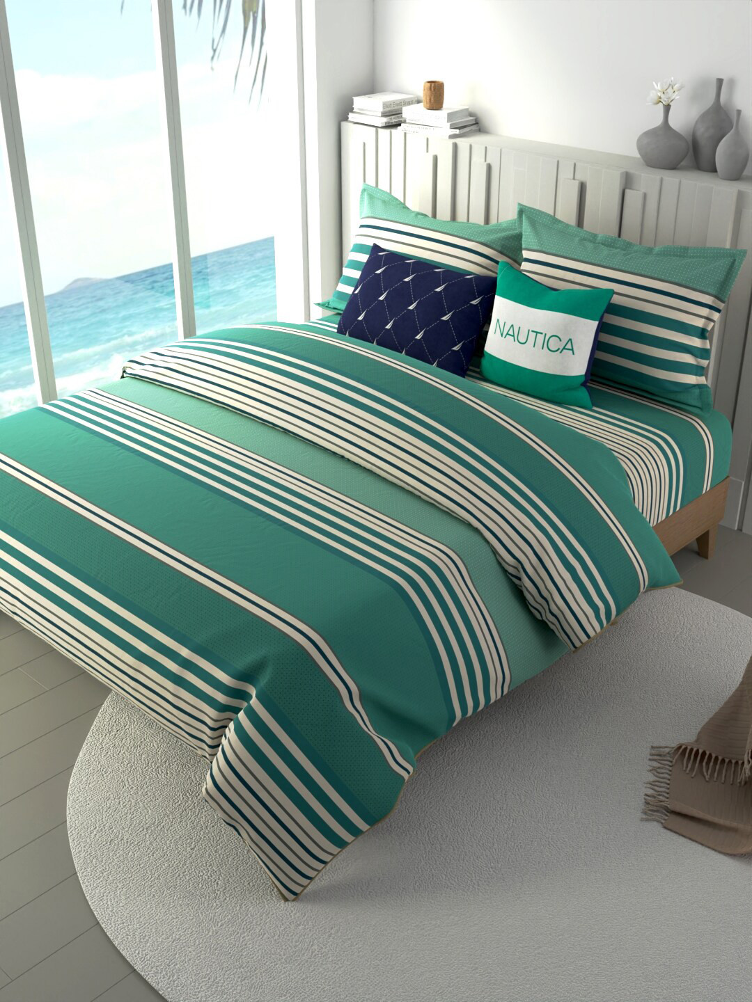 

Nautica Green & Grey 4 Pieces Striped Pure-Cotton Double King Bedding Set