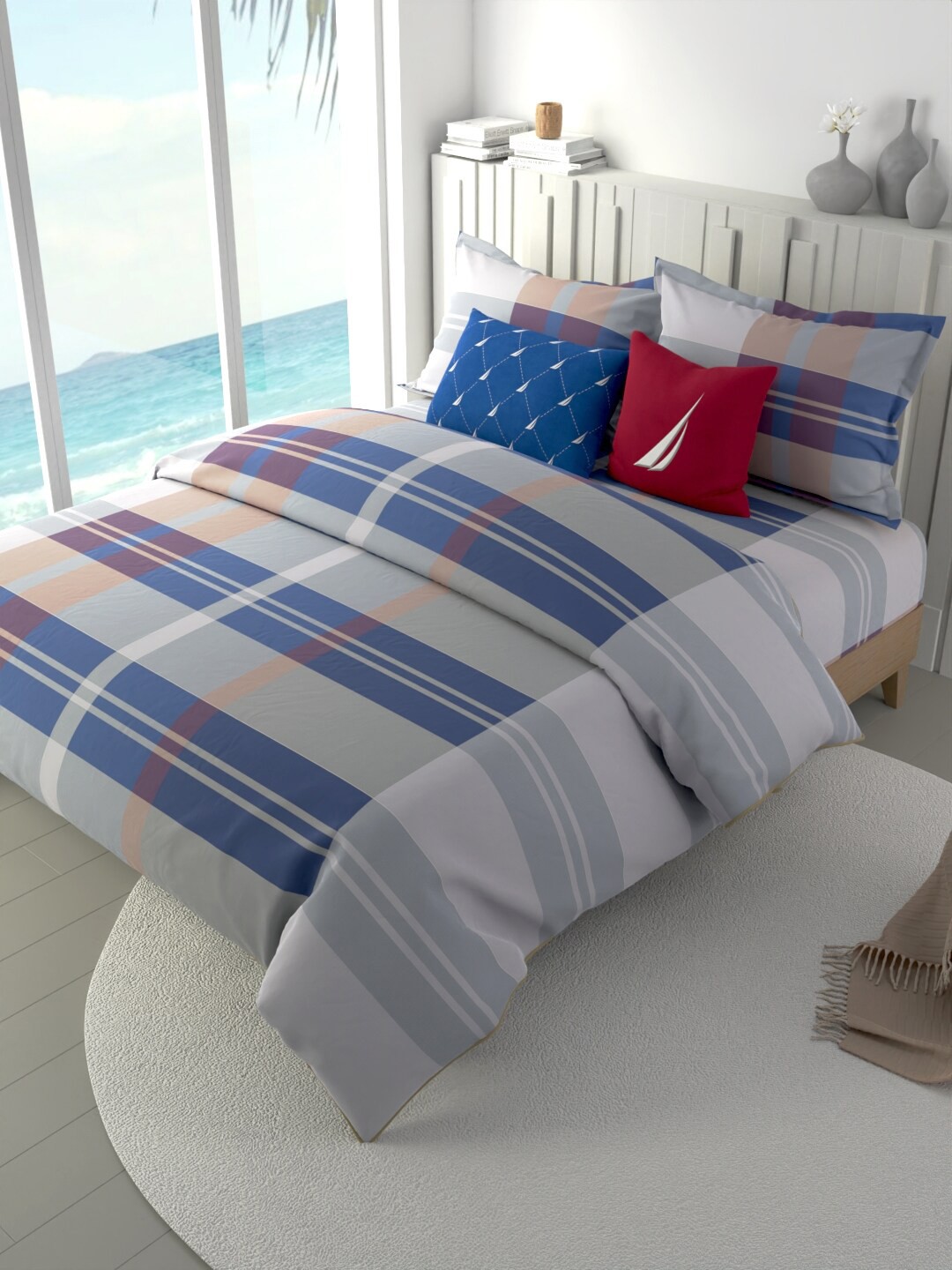 

Nautica Blue & Grey 4 Pieces Checked Pure Cotton Double King Bedding Set
