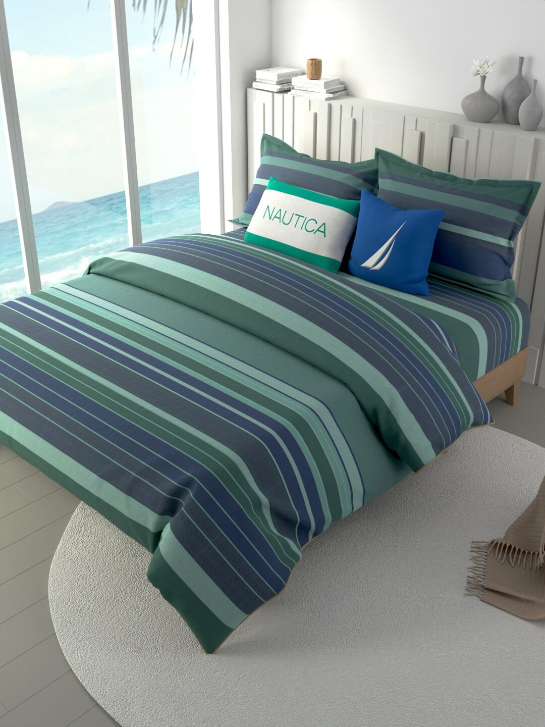 

Nautica Navy Blue & Green 4 Pieces Pure-Cotton Double King Bedding Set