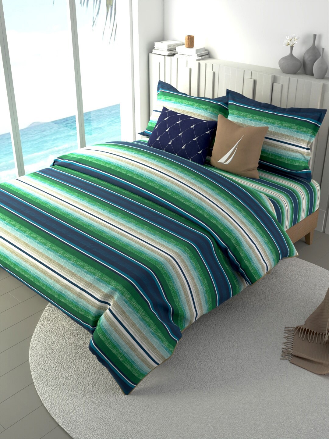 

Nautica Navy Blue & Green 4 Pcs Striped Pure-Cotton Double King Bedding Set