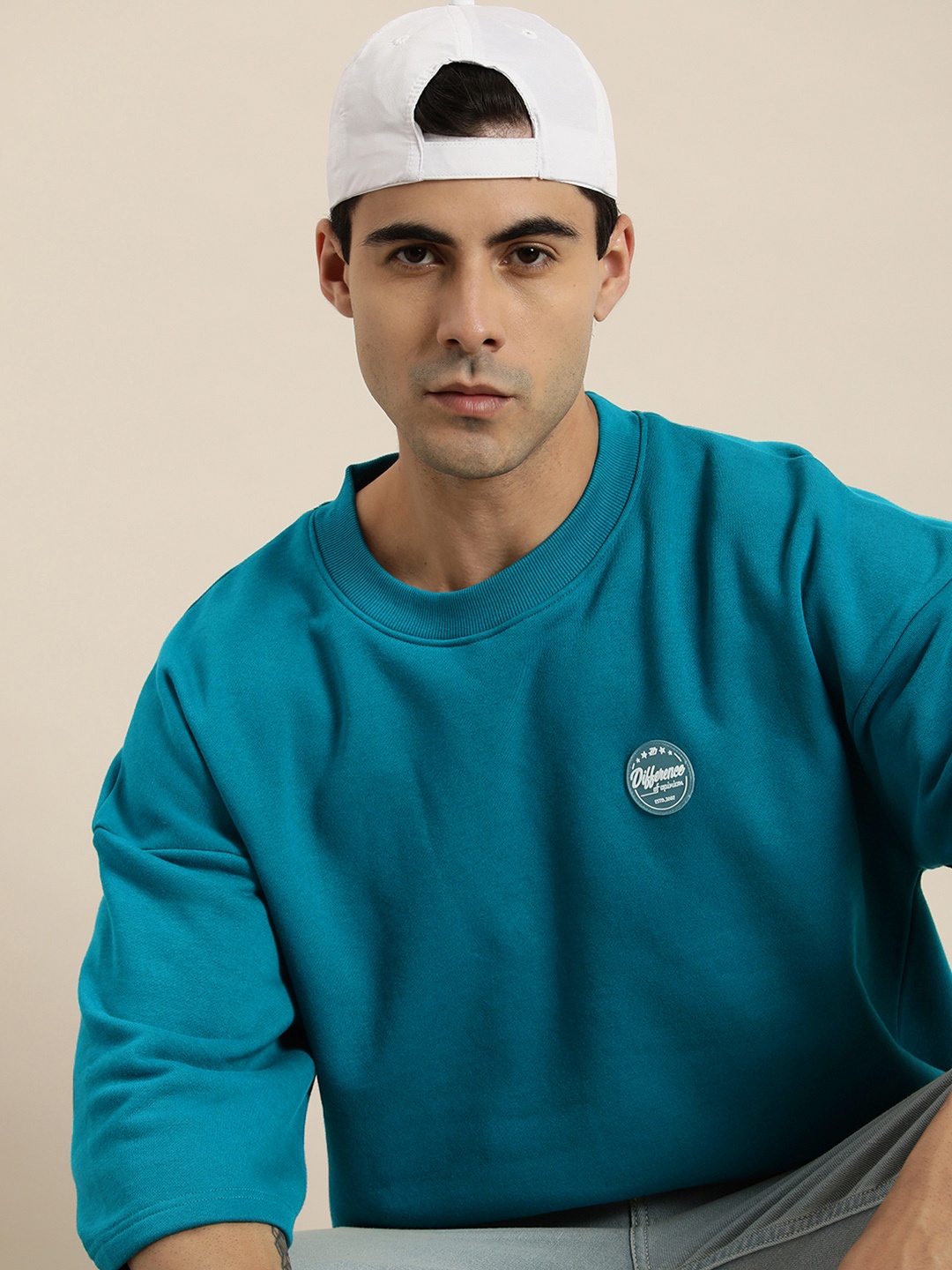 

Difference of Opinion Men Oversized Fleece Sweatshirt with Applique Detail, Blue
