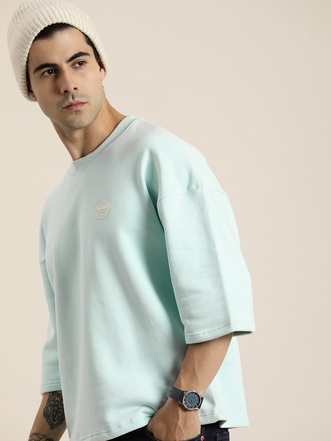 

Difference of Opinion Men Oversized Fleece Sweatshirt with Applique Detail, Blue
