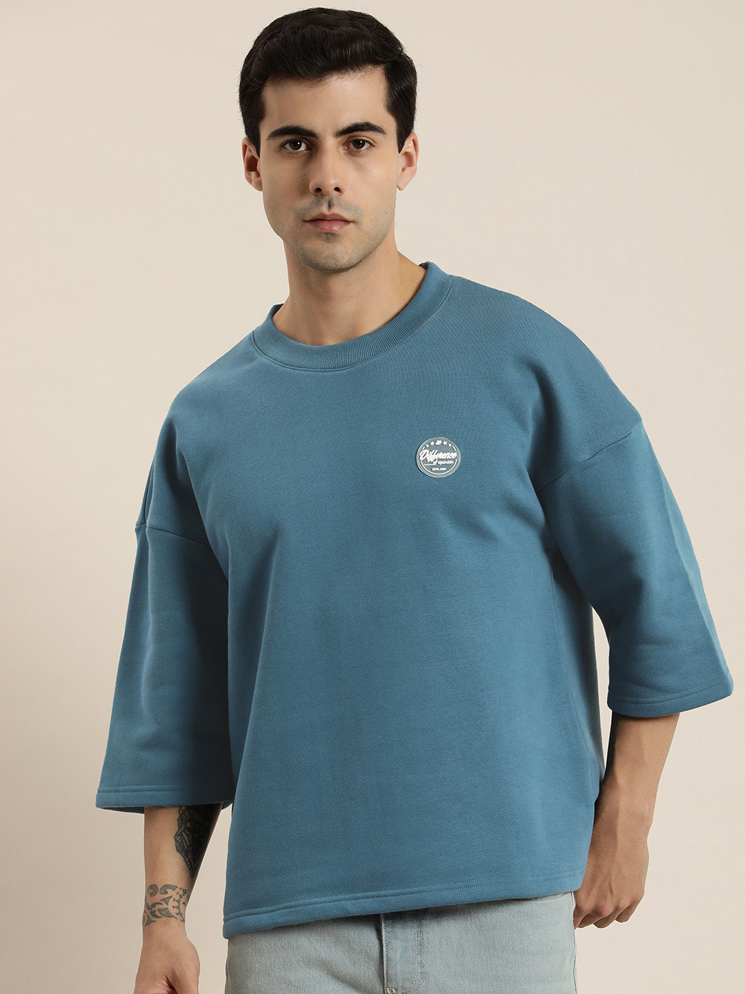 

Difference of Opinion Men Oversized Fleece Sweatshirt with Applique Detail, Teal
