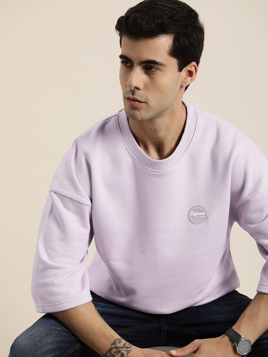 

Difference of Opinion Men Oversized Fleece Sweatshirt with Applique Detail, Lavender