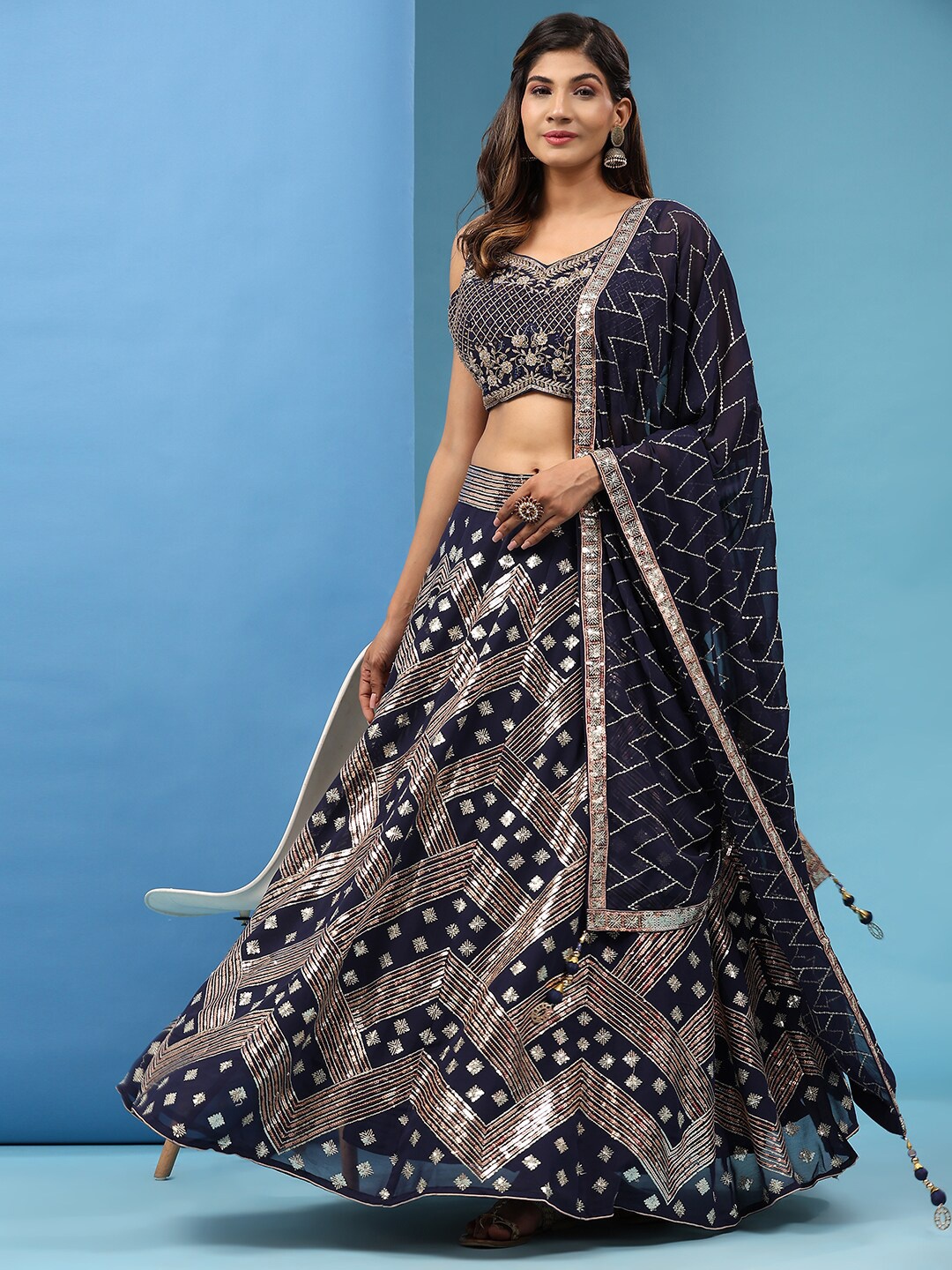 

JUST FASHION Embellished Sequinned Ready to Wear Lehenga & Blouse With Dupatta, Navy blue
