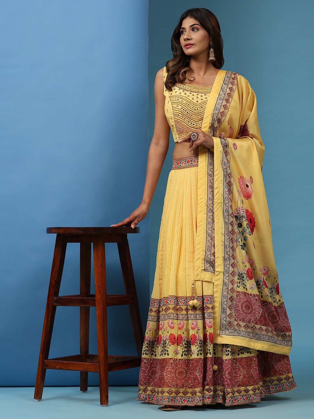 

JUST FASHION Embroidered Mirror Work Ready to Wear Lehenga & Blouse With Dupatta, Yellow