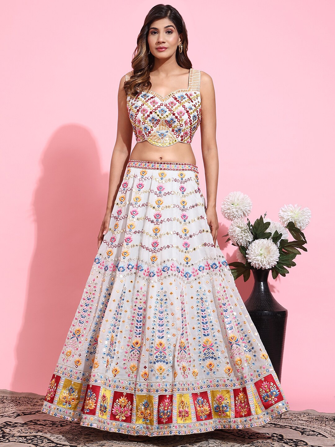 

JUST FASHION Embroidered Mirror Work Ready to Wear Lehenga & Blouse With Dupatta, Blue