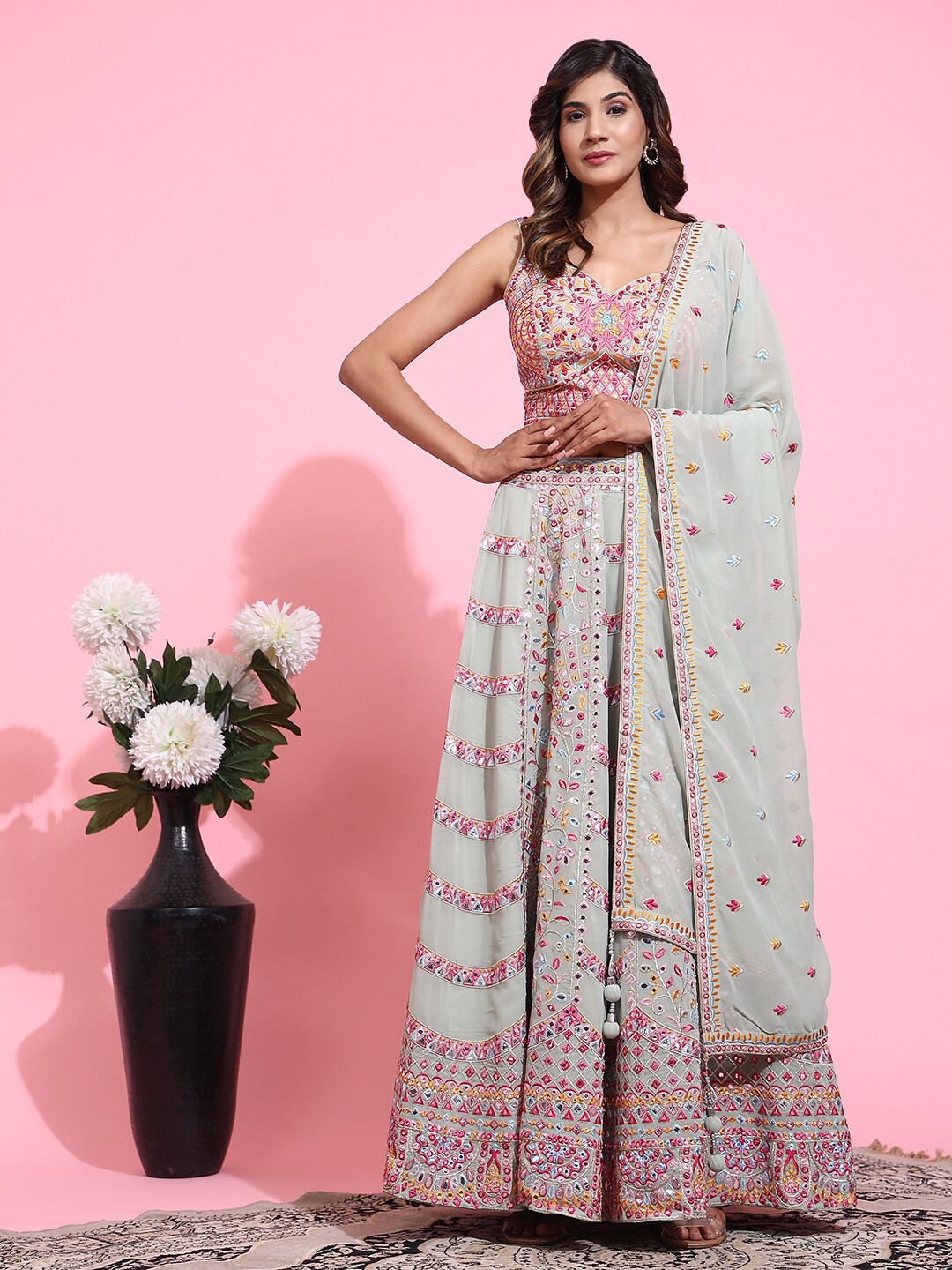 

JUST FASHION Embroidered Thread Work Ready to Wear Lehenga & Blouse With Dupatta, Grey