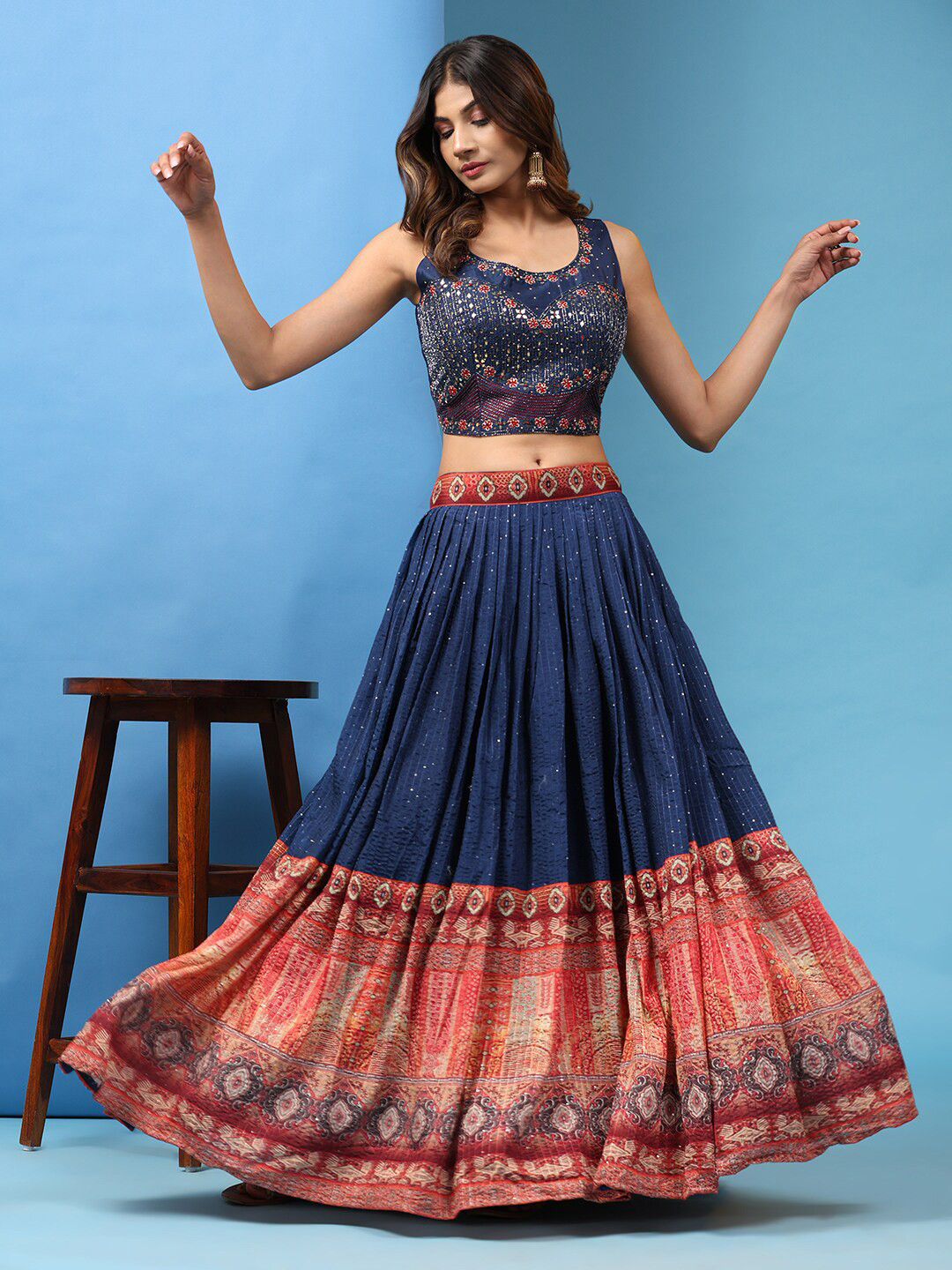 

JUST FASHION Embroidered Sequinned Ready to Wear Lehenga & Blouse With Dupatta, Navy blue