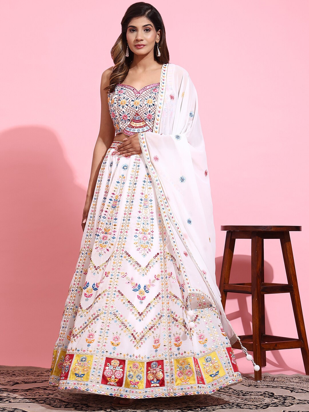 

JUST FASHION Embroidered Thread Work Ready to Wear Lehenga & Blouse With Dupatta, Cream