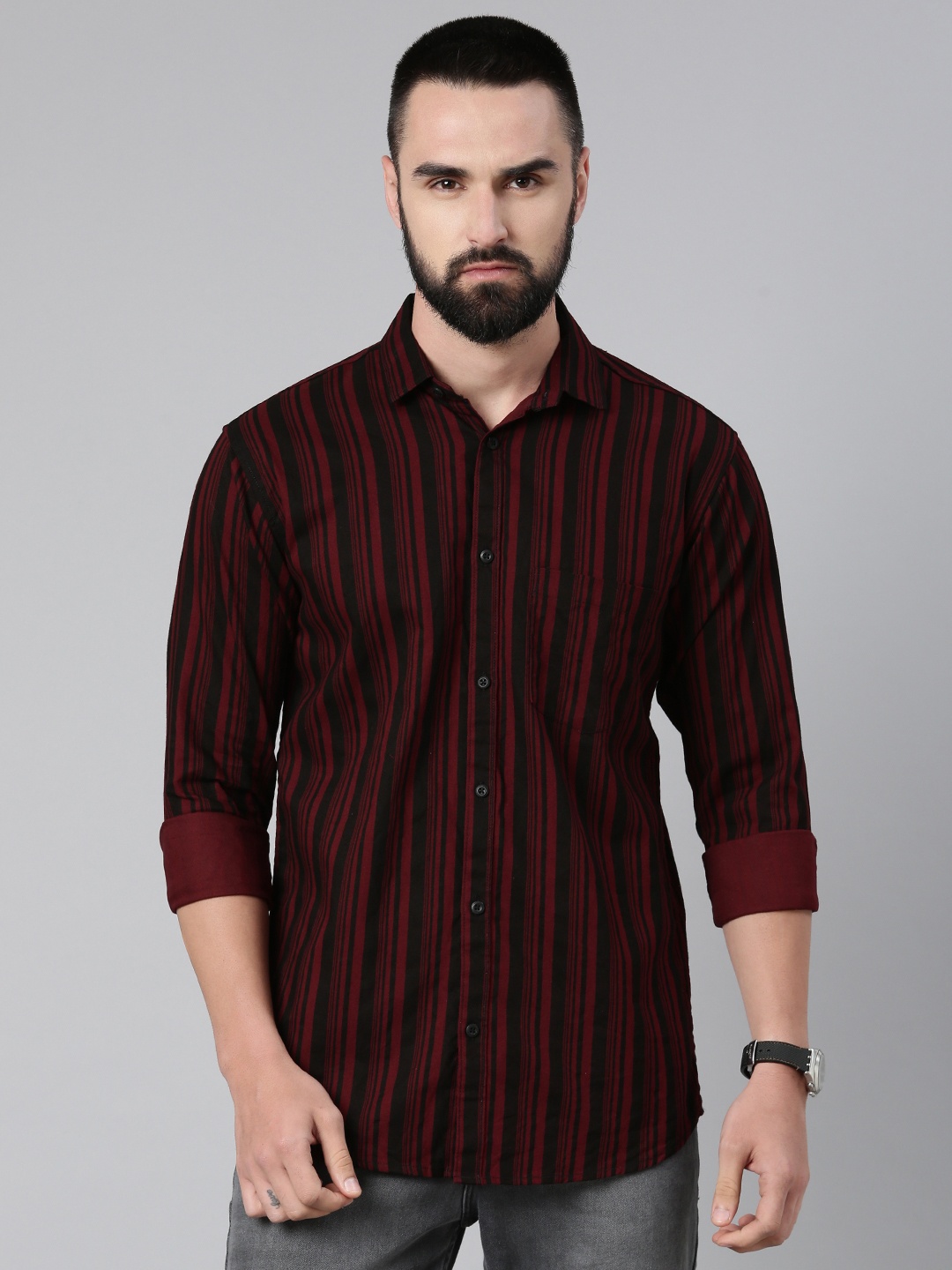 

Majestic Man Men Standard Slim Fit Striped Pure Cotton Casual Shirt, Maroon