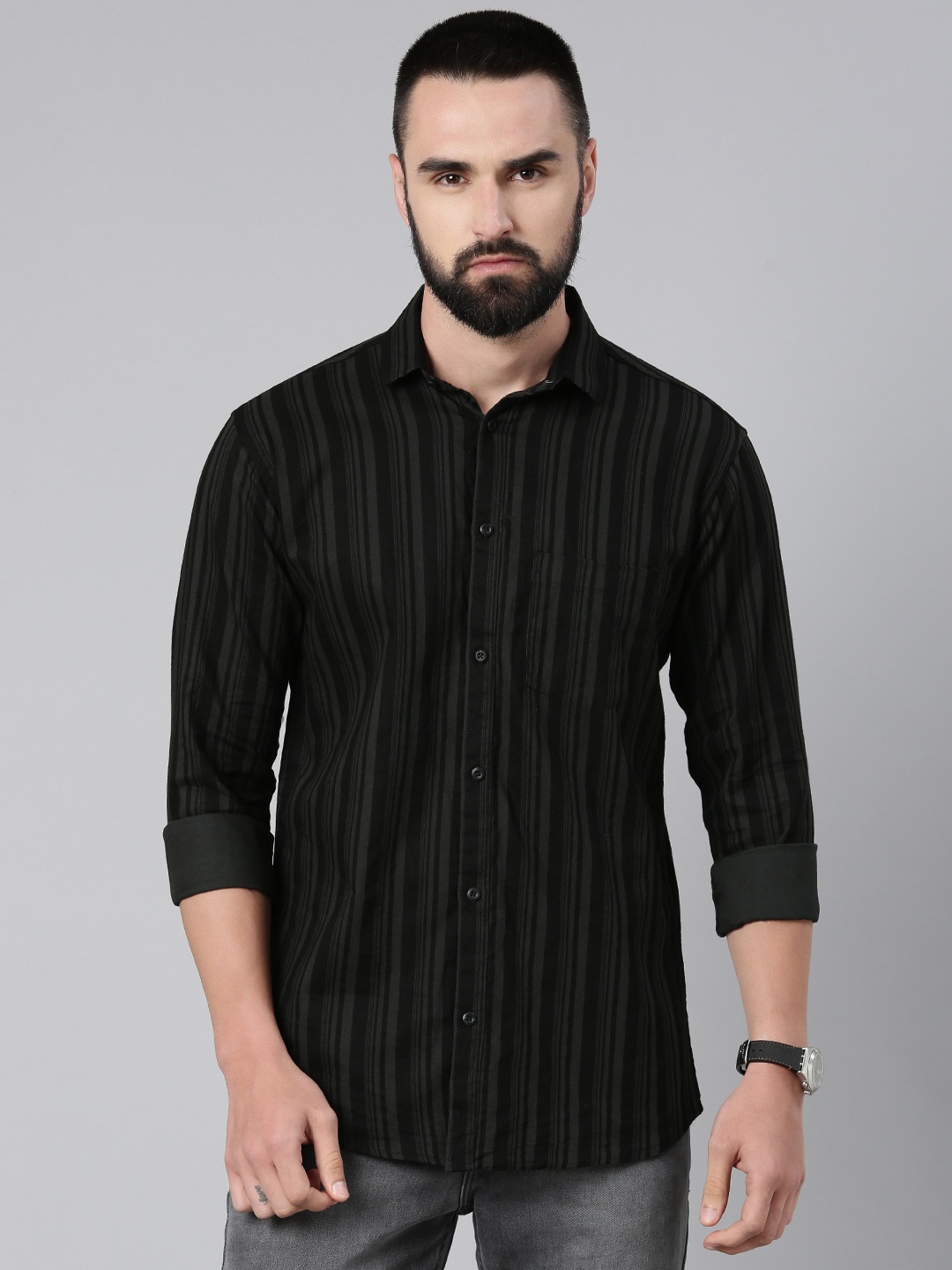 

Majestic Man Men Standard Slim Fit Striped Pure Cotton Casual Shirt, Green