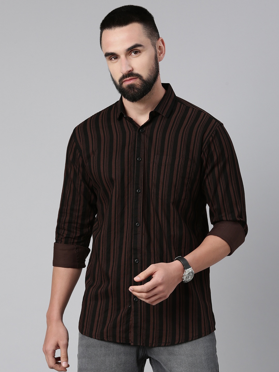 

Majestic Man Men Standard Slim Fit Striped Pure Cotton Casual Shirt, Brown