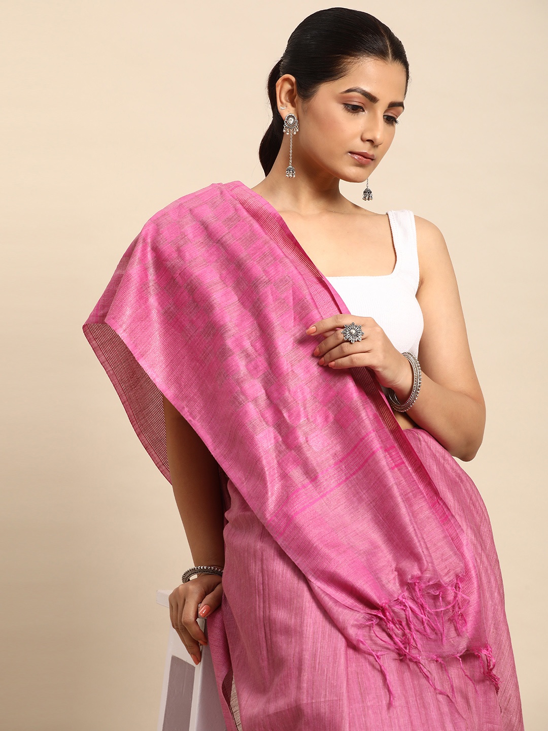 

Taavi Silk Blend Handloom Bhagalpuri Saree, Pink