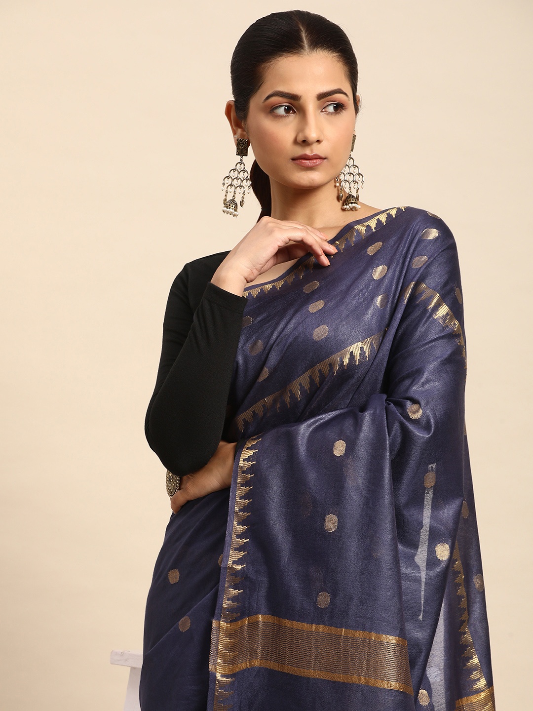 

Taavi Zari Silk Blend Handloom Bhagalpuri Saree, Navy blue