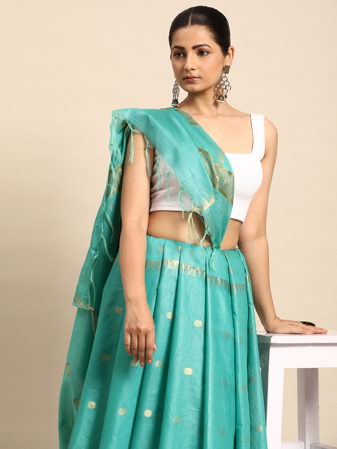 

Taavi Zari Silk Blend Handloom Bhagalpuri Saree, Sea green