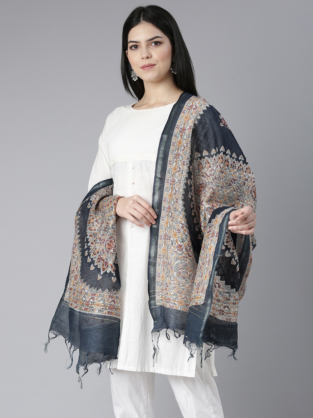 

swatika Ethnic Motifs Woven Design Kalamkari Dupatta, Navy blue