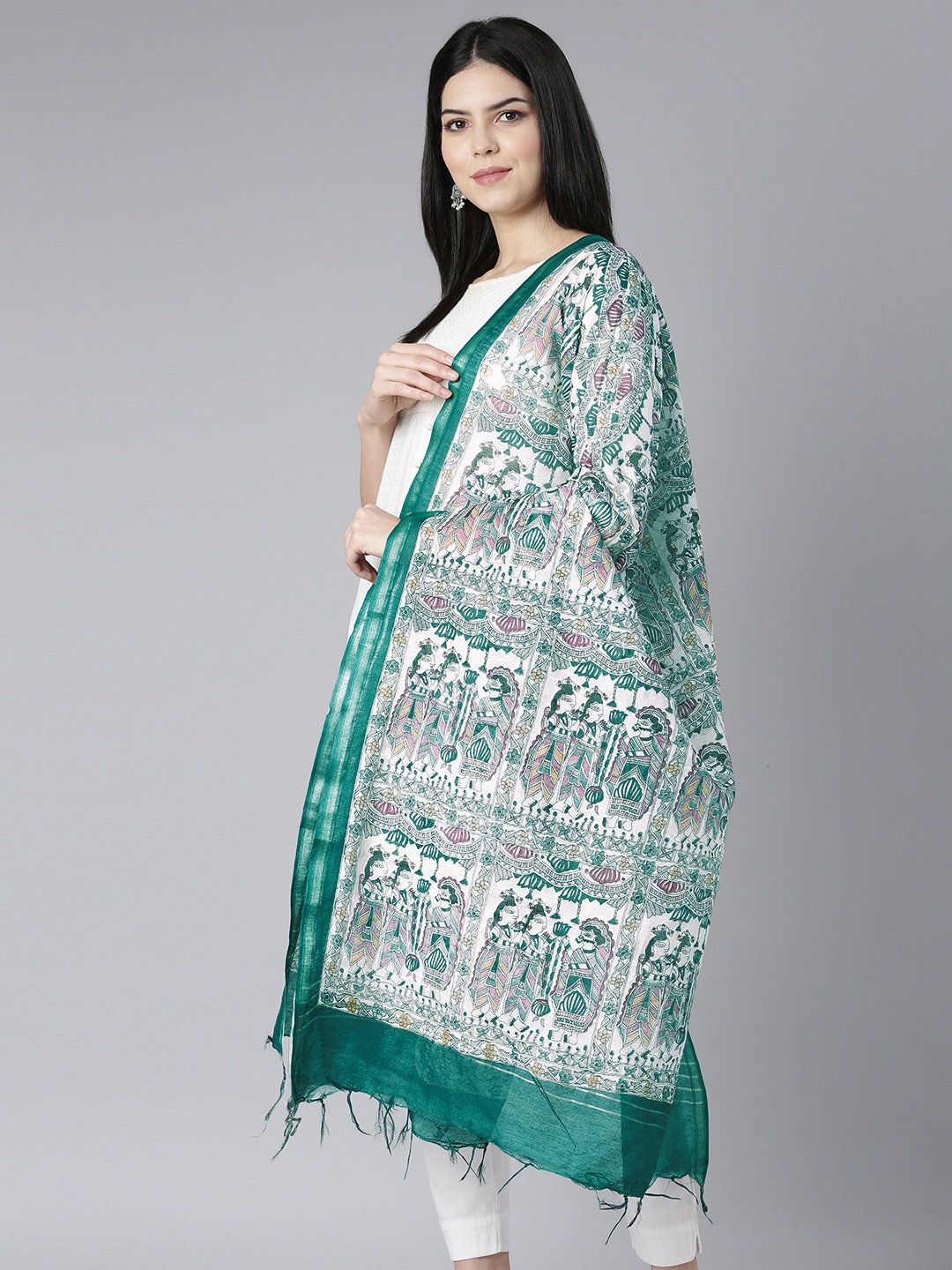 

swatika Ethnic Motifs Woven Design Kalamkari Dupatta, Green
