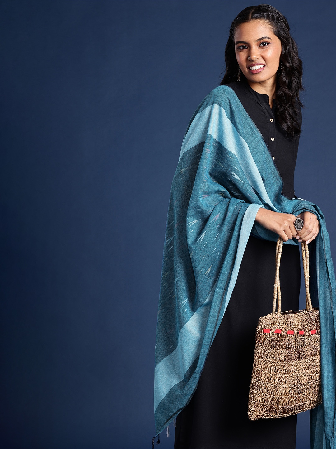 

Taavi Woven Design Pure Cotton Ikat Dupatta, Blue