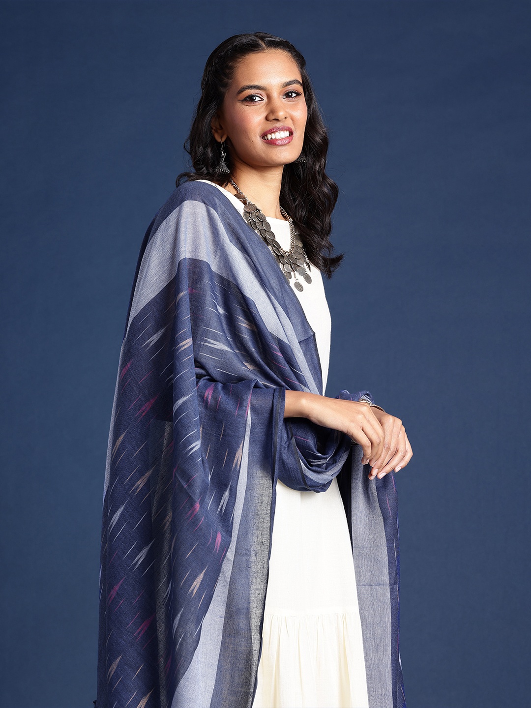 

Taavi Woven Design Pure Cotton Ikat Dupatta, Blue