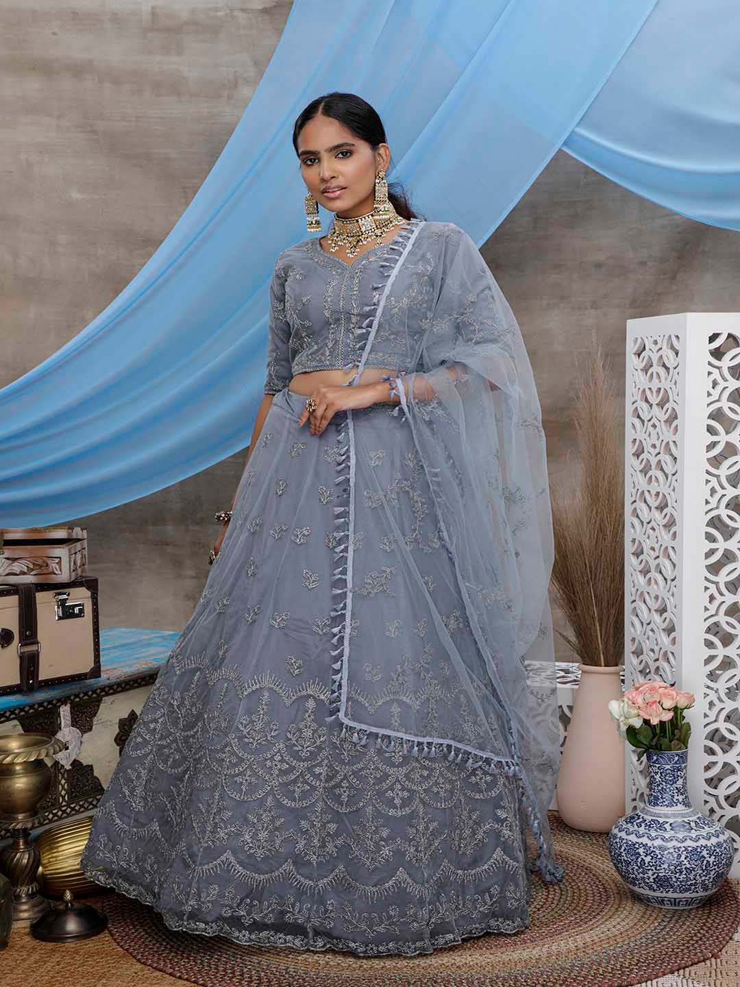 

SHUBHKALA Embroidered Semi-Stitched Lehenga & Unstitched Blouse With Dupatta, Grey