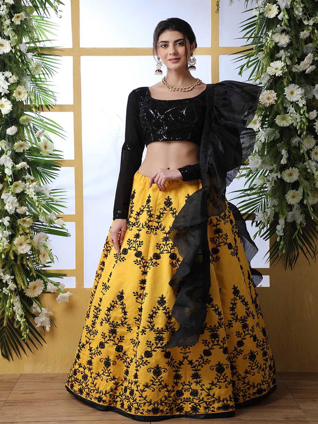 

SHUBHKALA Embellished Thread Work Semi-Stitched Lehenga & Unstitched Blouse With Dupatta, Yellow