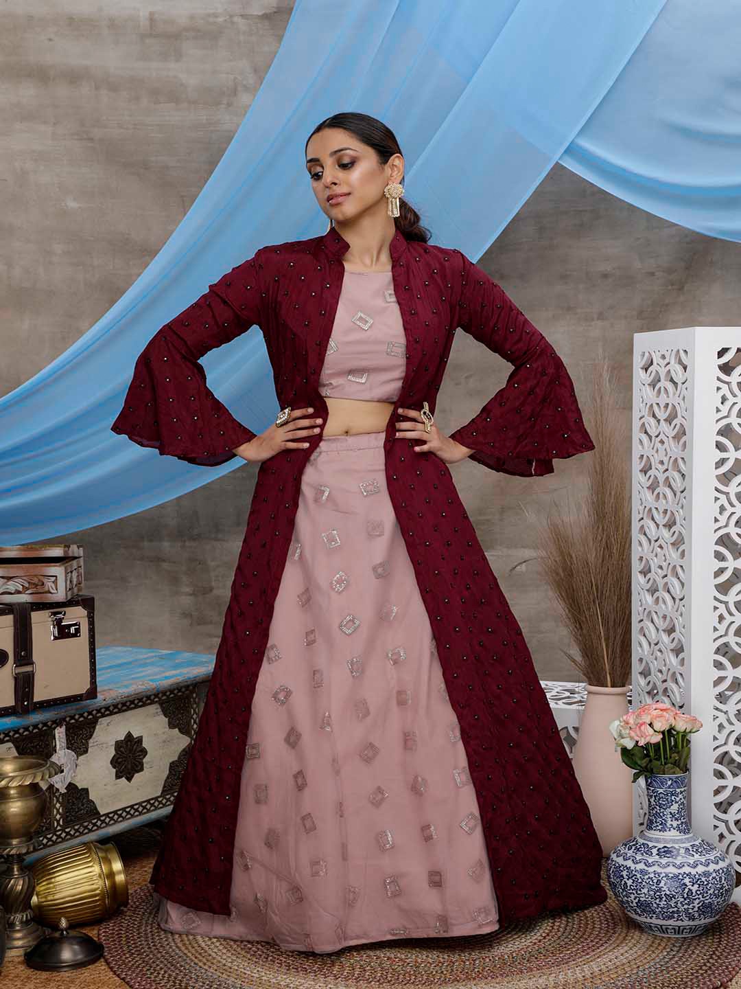 

SHUBHKALA Embroidered Semi-Stitched Lehenga & Unstitched Blouse With Over Coat, Peach