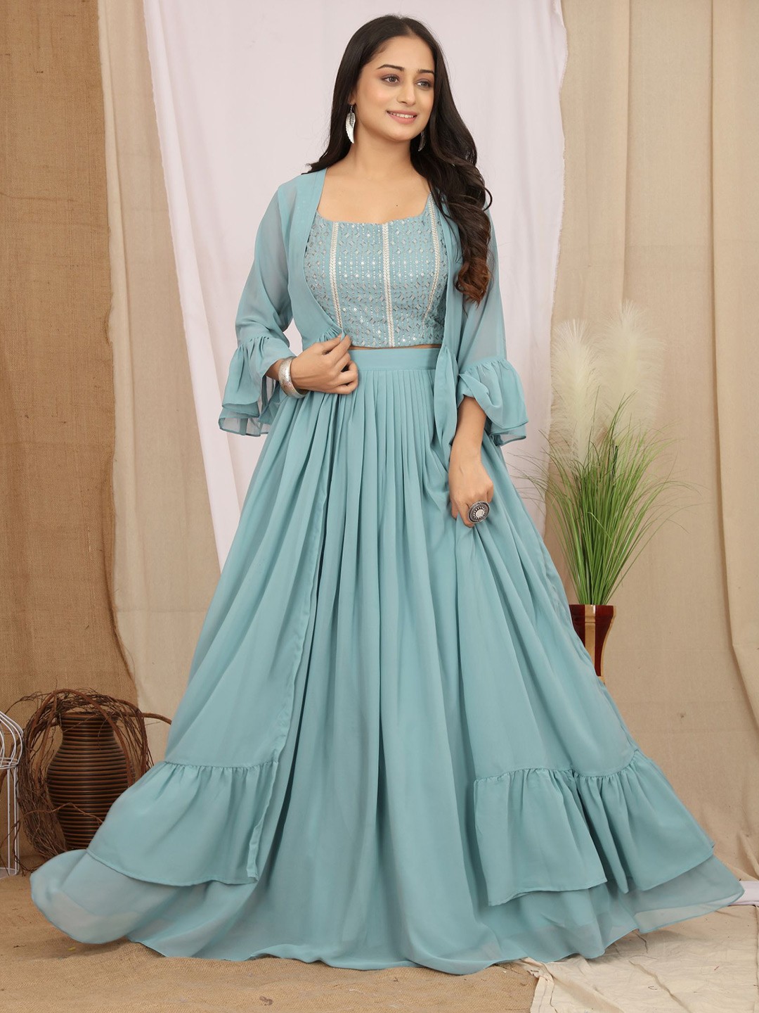

KALINI Embroidered Sequined Ready to Wear Lehenga & Blouse With Shrug, Turquoise blue