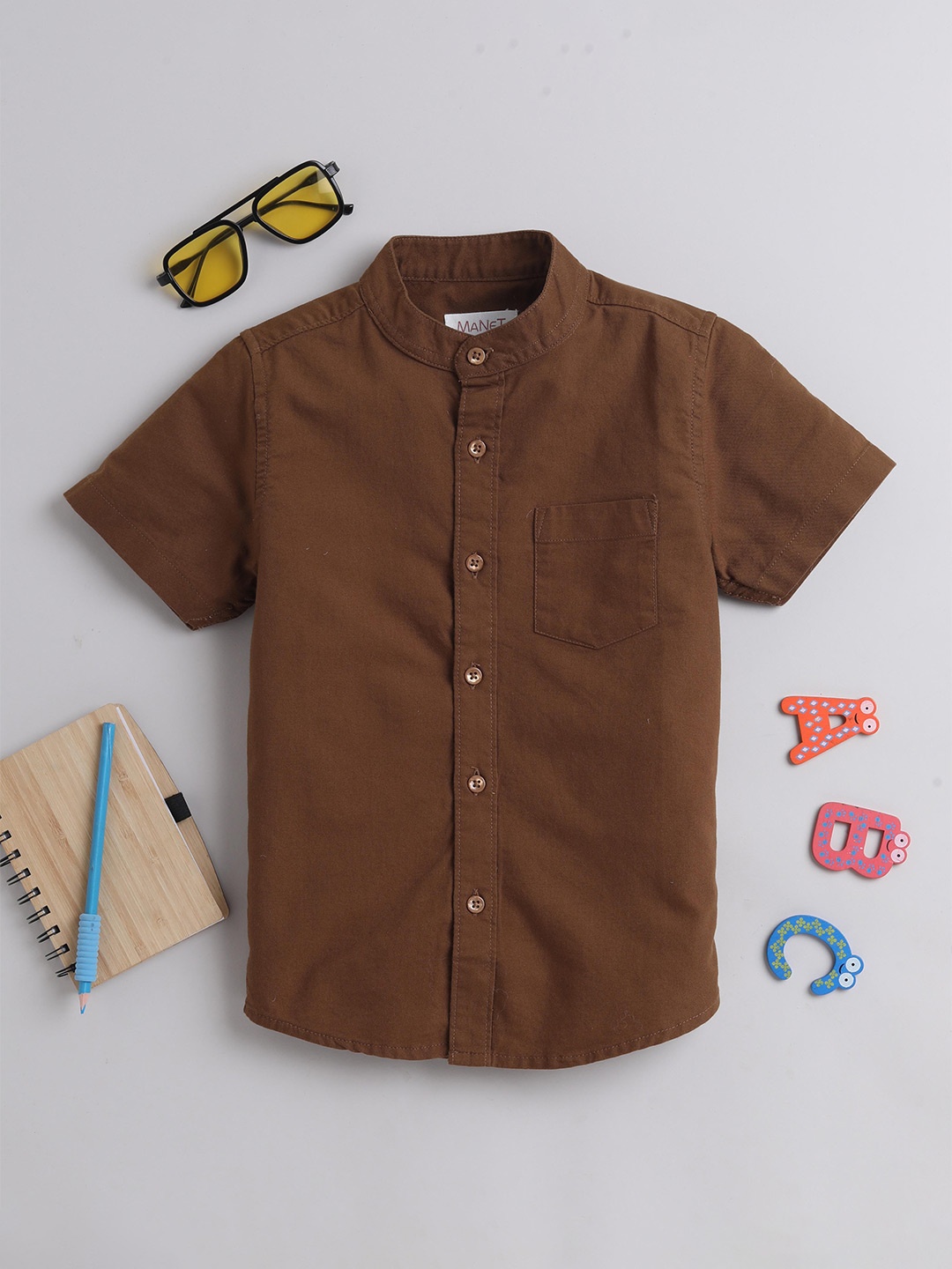 

MANET Boys Cotton Opaque Mandarin Collar Casual Shirt, Brown