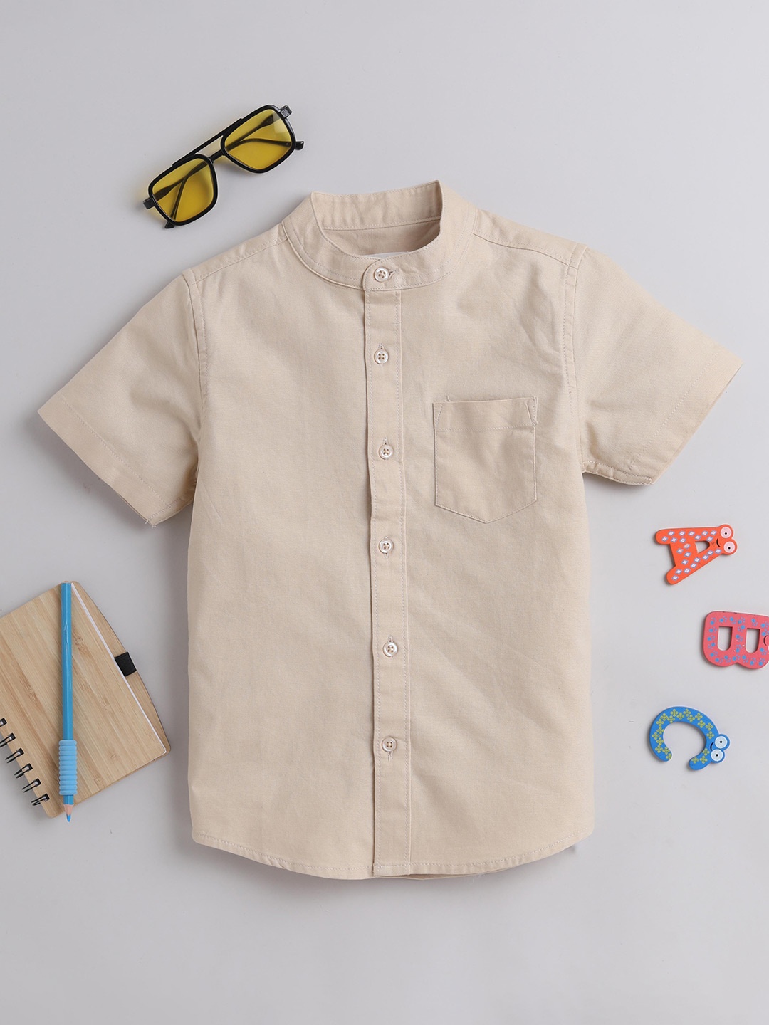 

MANET Boys Short Sleeves Mandarin Collar Cotton Oxford Casual Shirt, Cream
