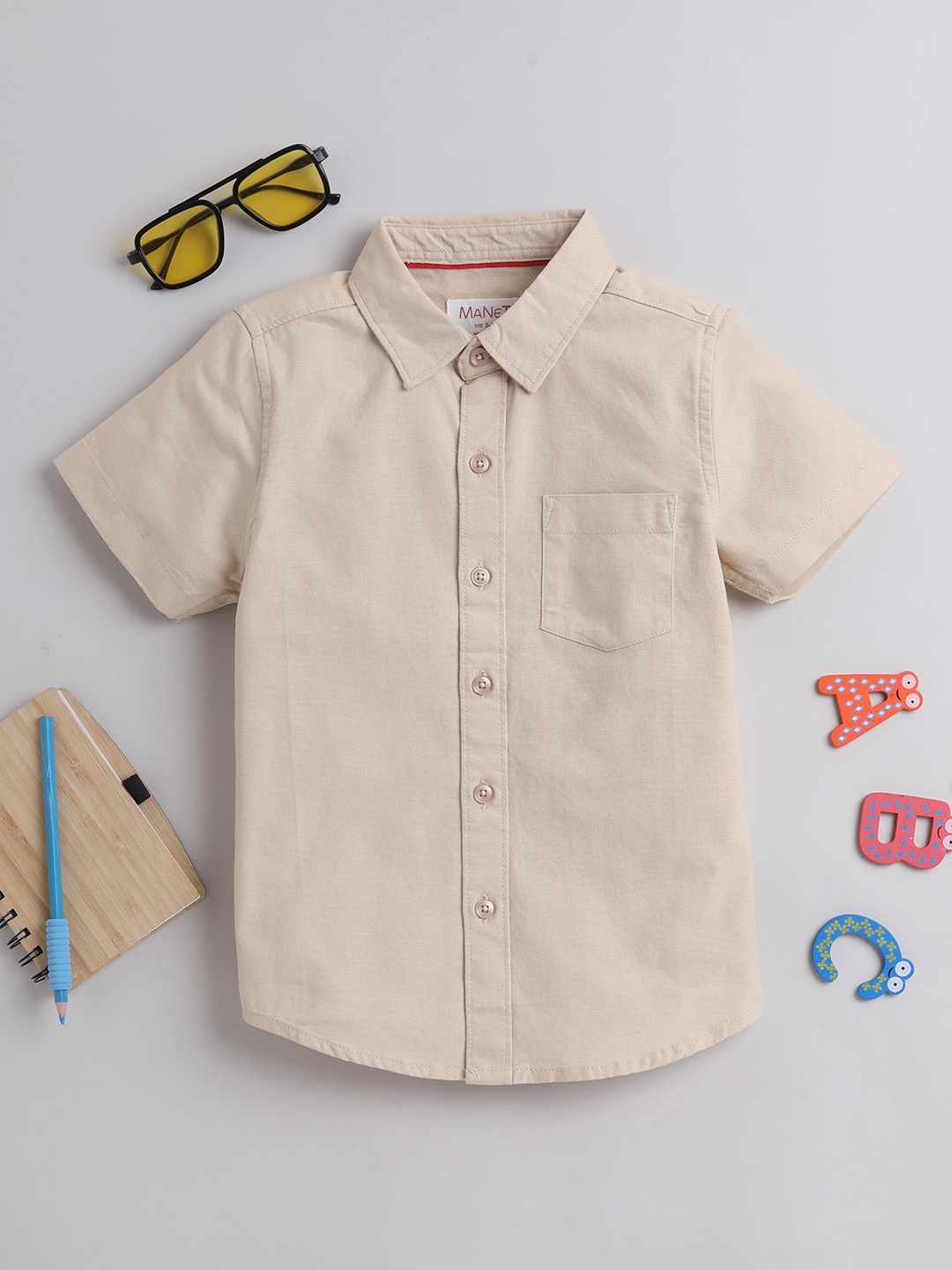 

MANET Boys Short Sleeves Spread Collar Cotton Oxford Casual Shirt, Cream