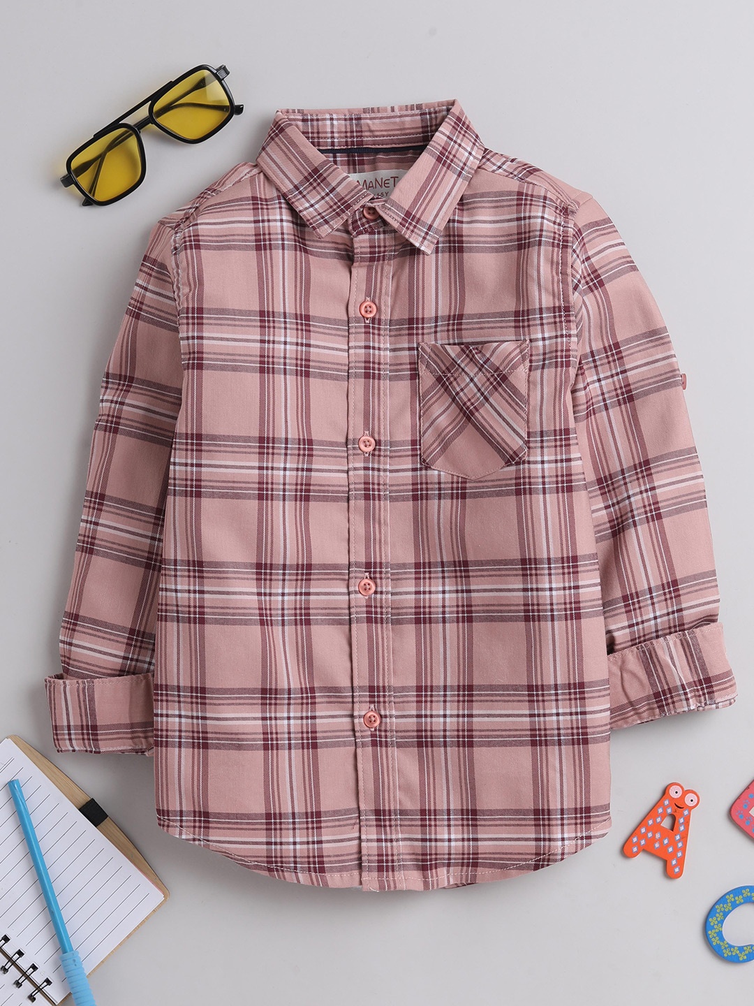 

MANET Boys Tartan Checked Cotton Casual Shirt, Brown
