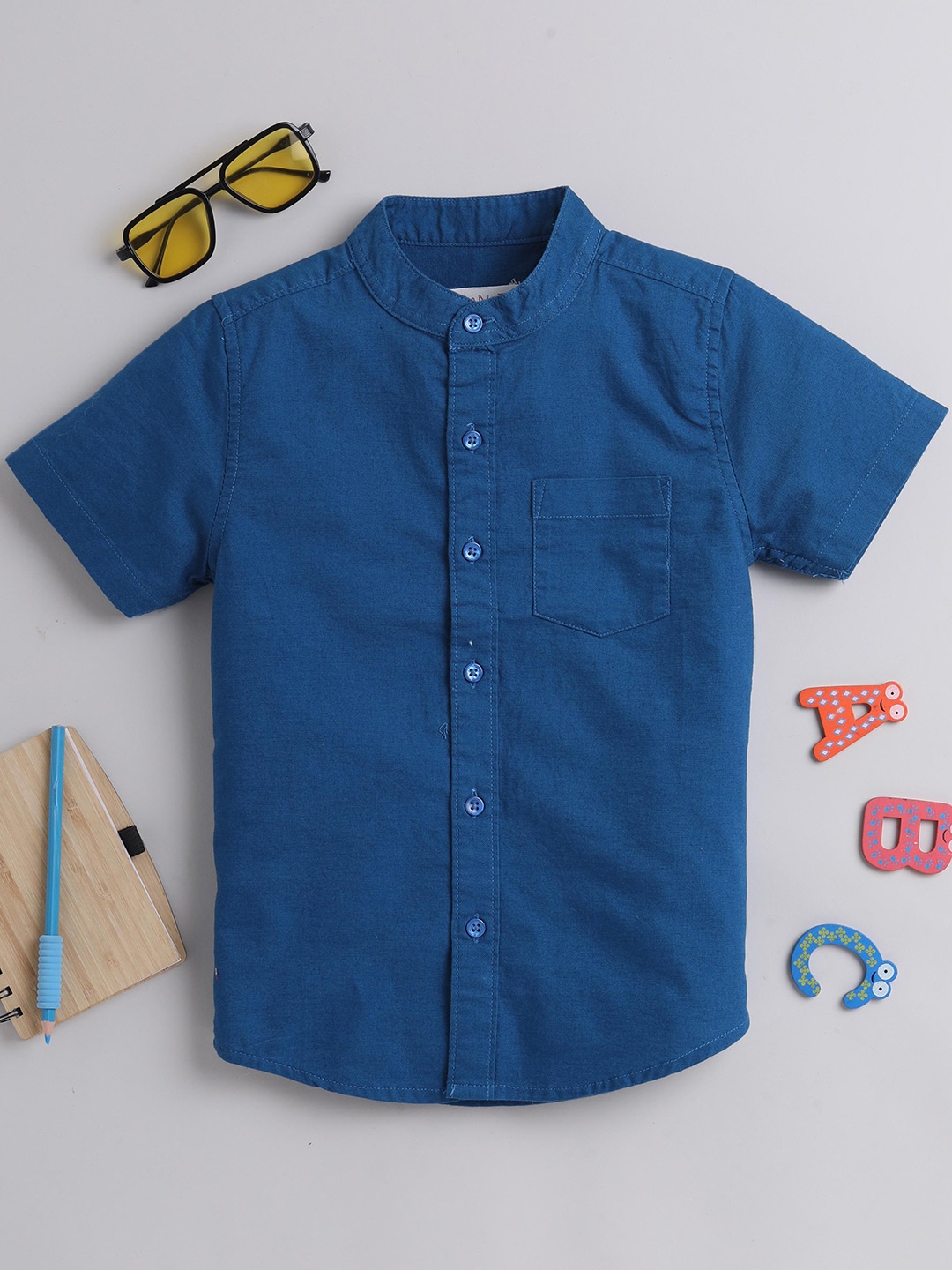 

MANET Boys Short Sleeves Mandarin Collar Cotton Oxford Casual Shirt, Blue