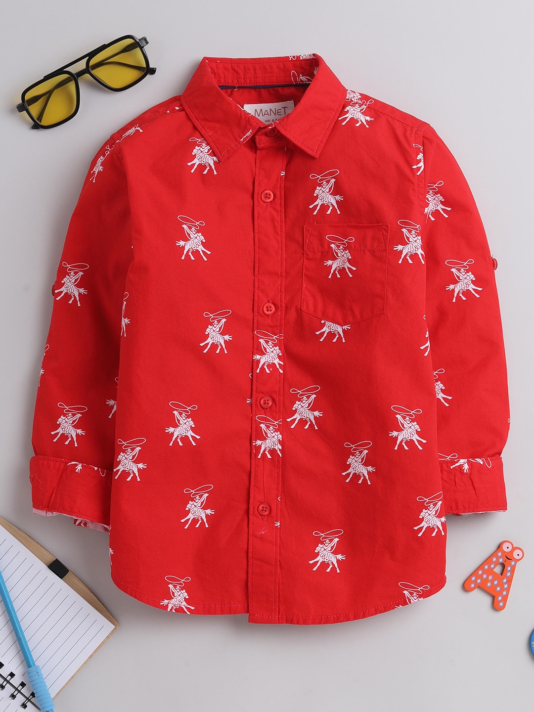 

MANET Boys Conversational Printed Cotton Oxford Casual Shirt, Red