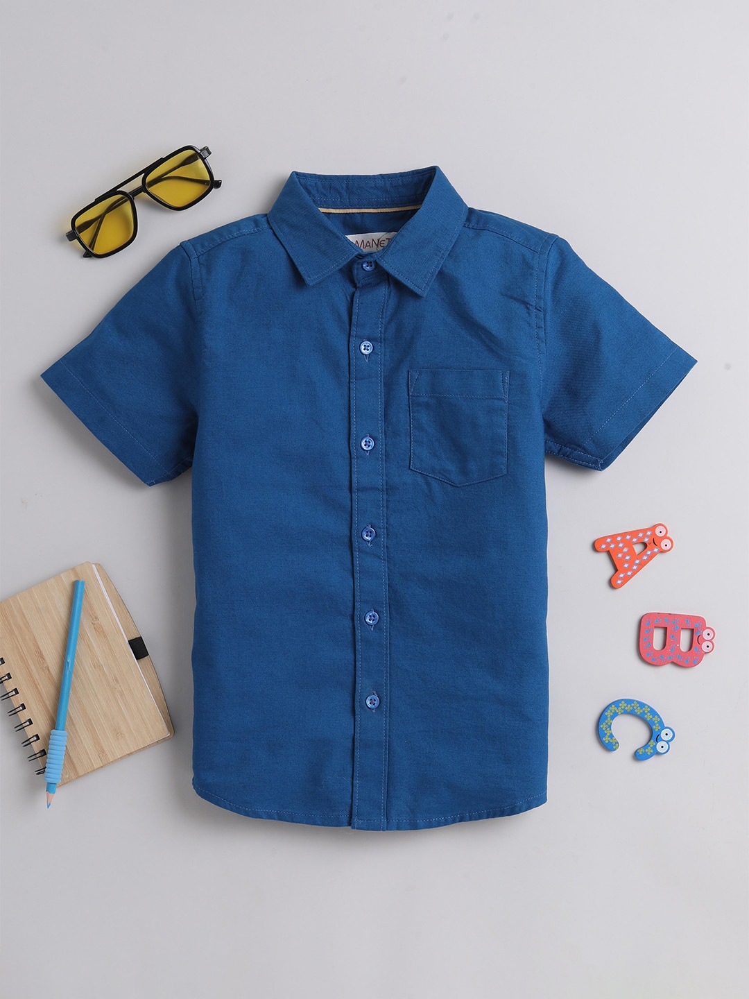 

MANET Boys Short Sleeves Spread Collar Cotton Oxford Casual Shirt, Blue