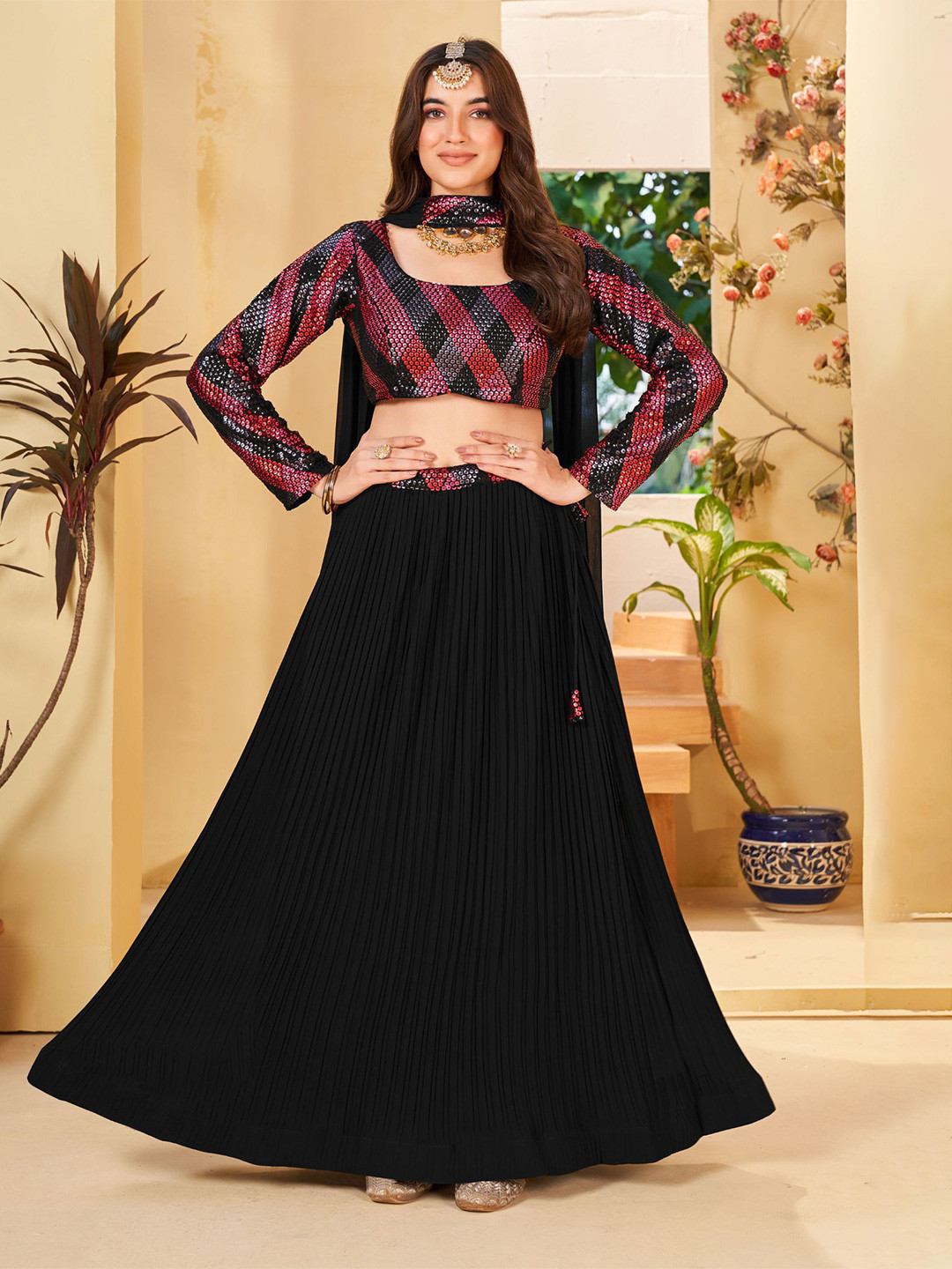 

KALINI Embellished Sequinned Ready to Wear Lehenga & Blouse With Dupatta, Black