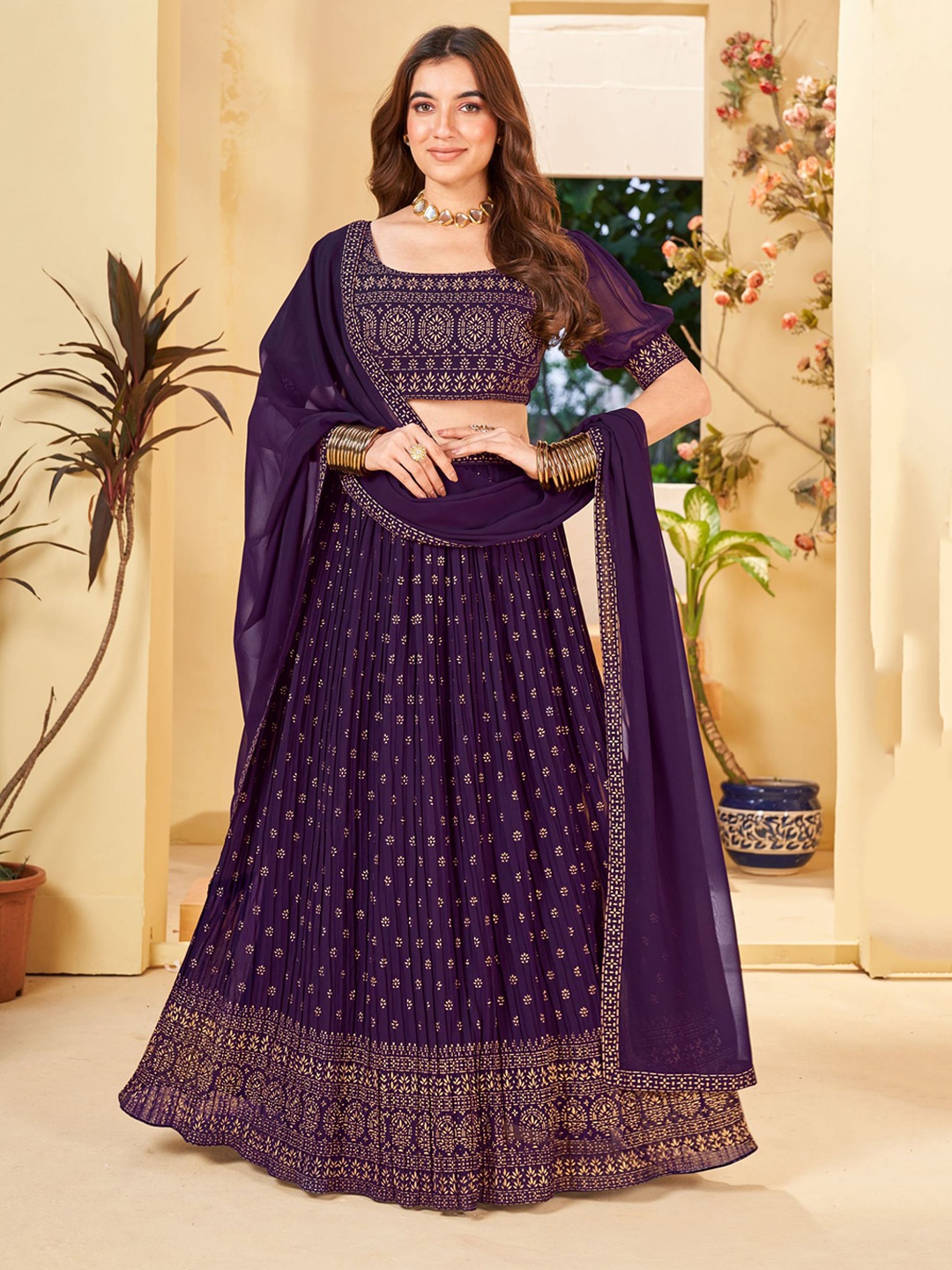 

KALINI Printed Foil Printed Puff Sleeves Ready to Wear Lehenga & Blouse With Dupatta, Purple