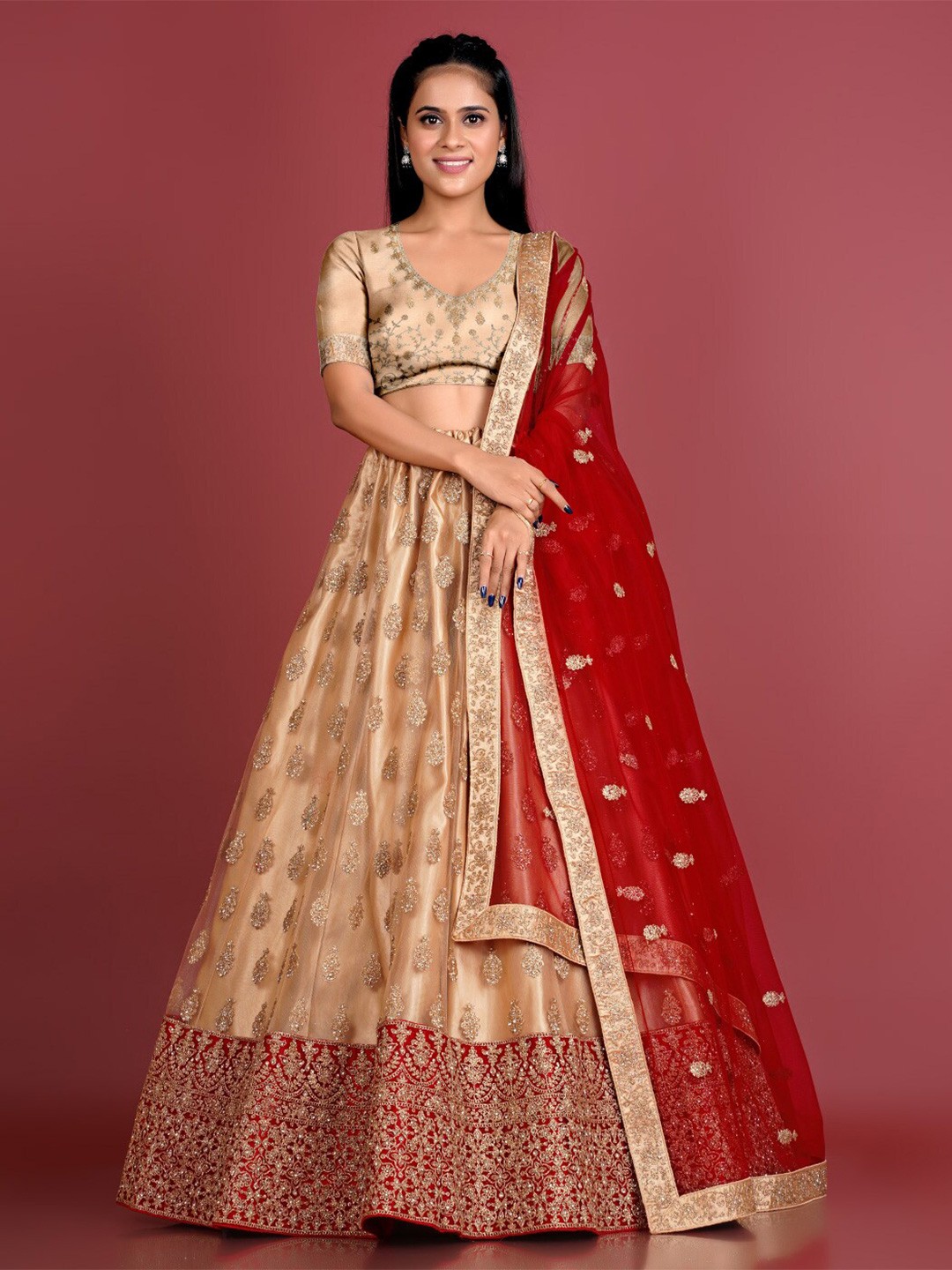 

HALFSAREE STUDIO Embroidered Thread Work Semi-Stitched Lehenga Choli With Dupatta, Cream